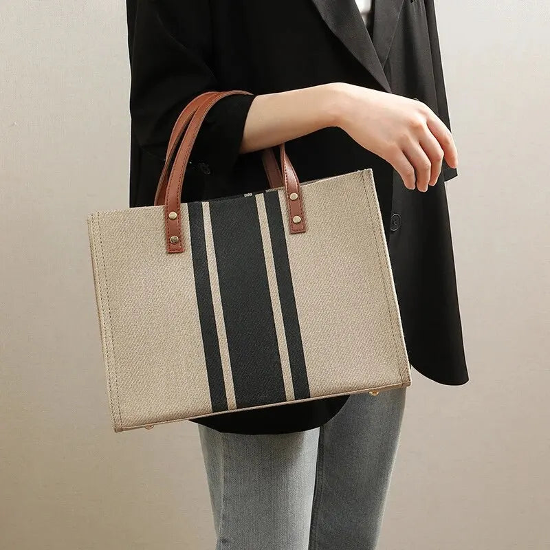 Sac cabas en toile texturée à anse en simili cuir