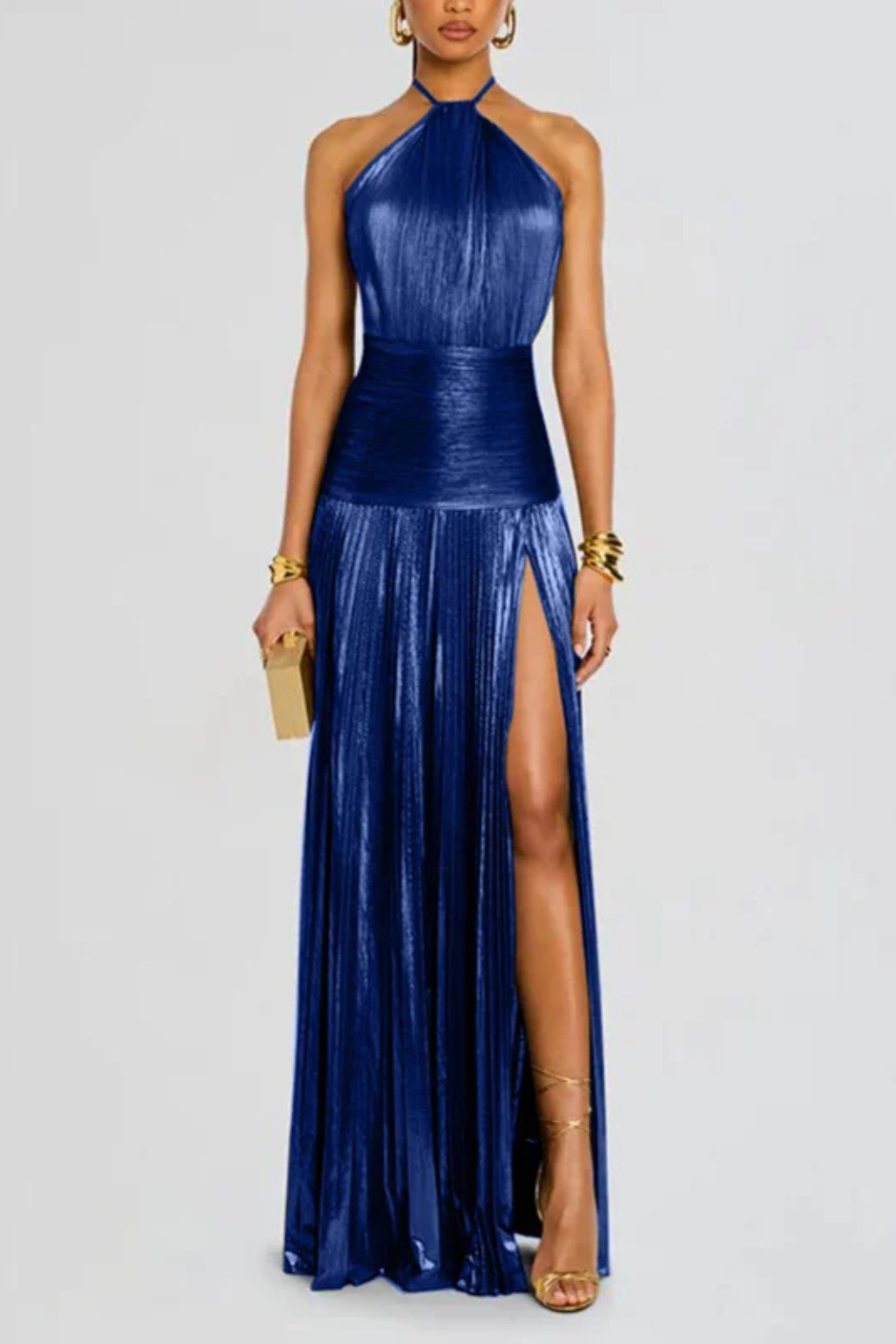 Élégante Robe Longue Satinée Plissée à Col Halter pour Femme