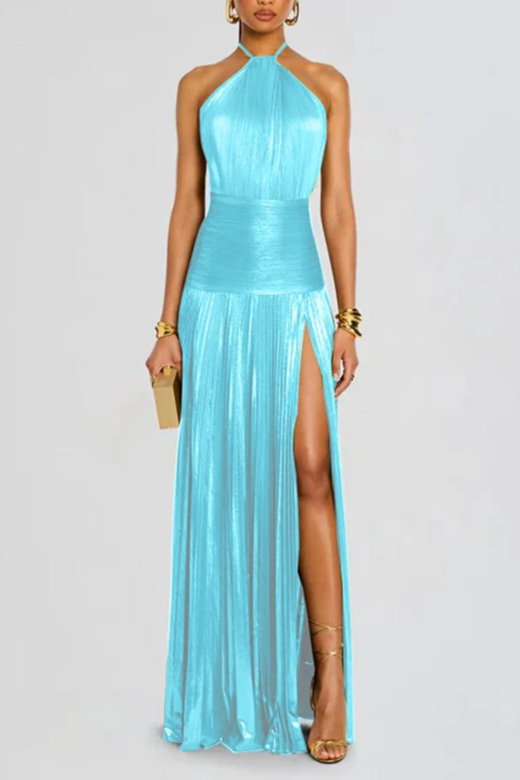 Élégante Robe Longue Satinée Plissée à Col Halter pour Femme