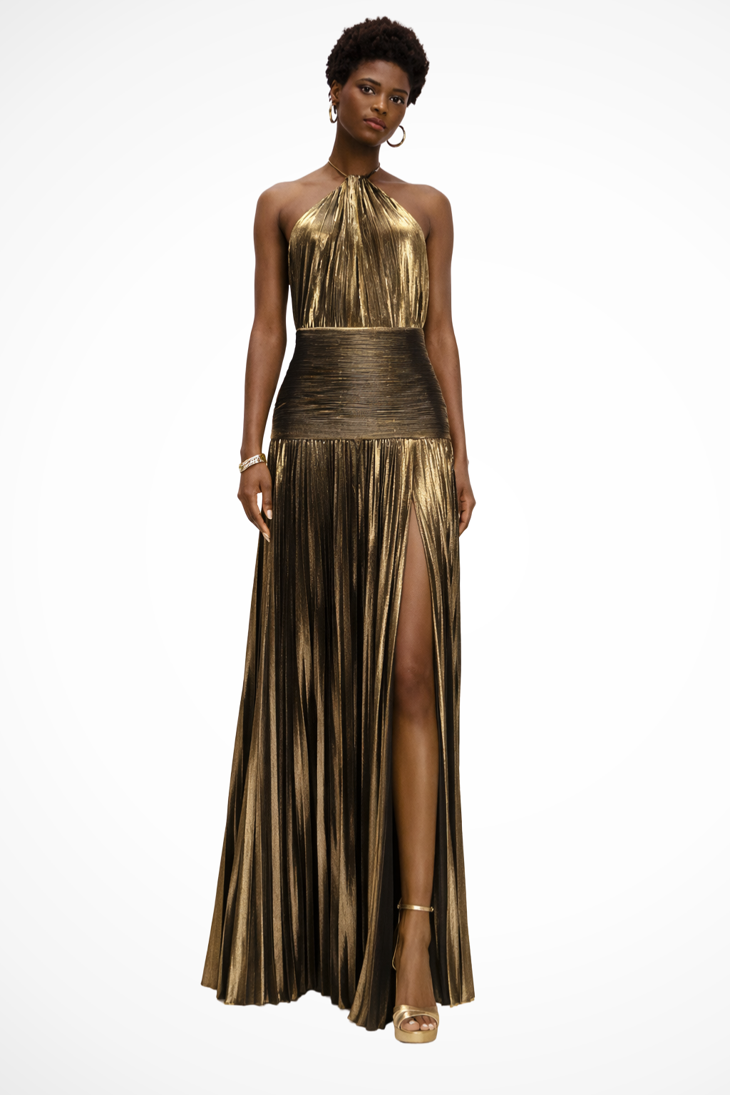 Élégante Robe Longue Satinée Plissée à Col Halter pour Femme