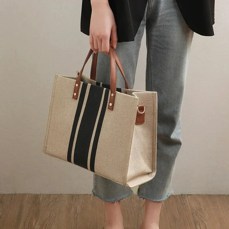 Sac cabas en toile texturée à anse en simili cuir