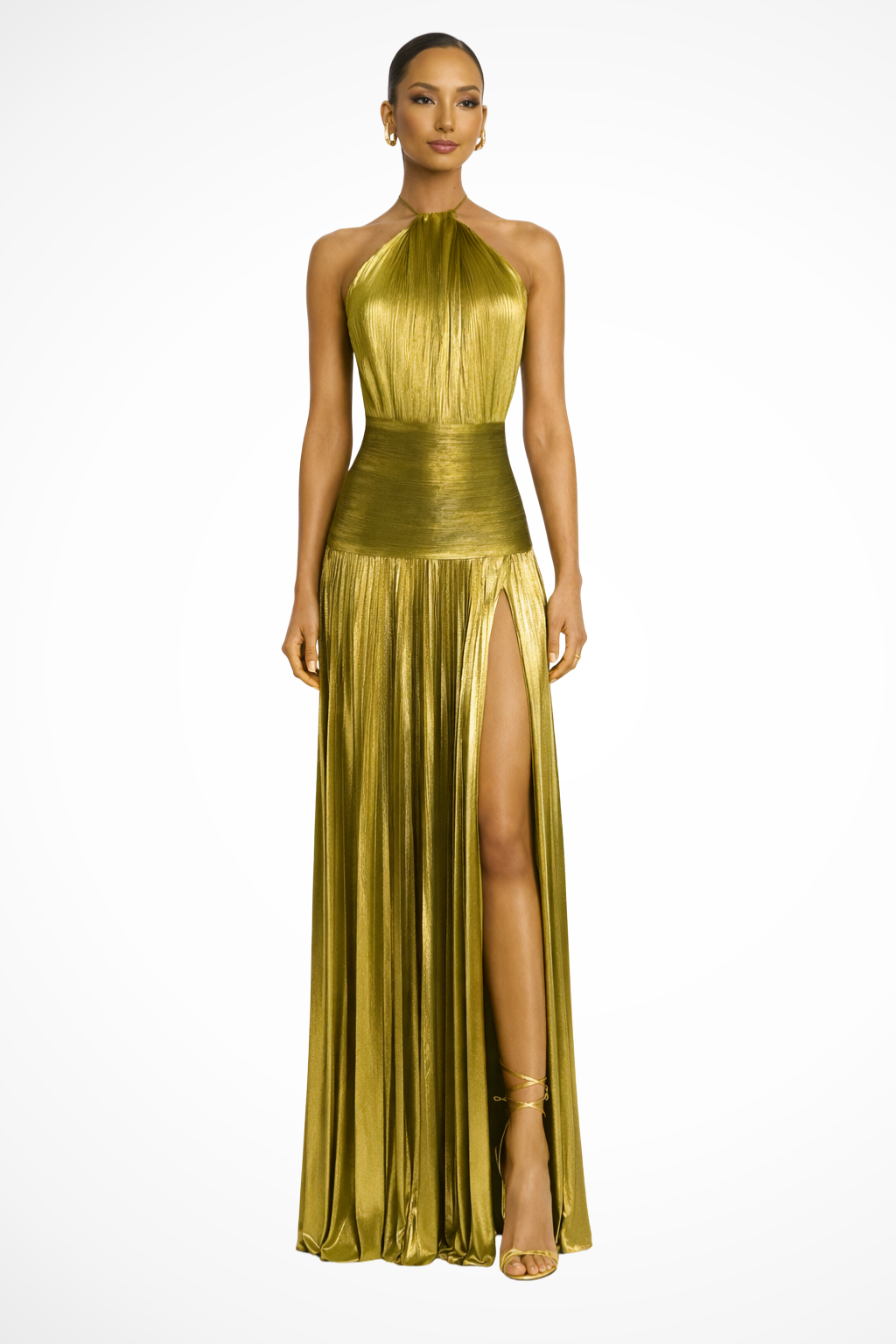 Élégante Robe Longue Satinée Plissée à Col Halter pour Femme