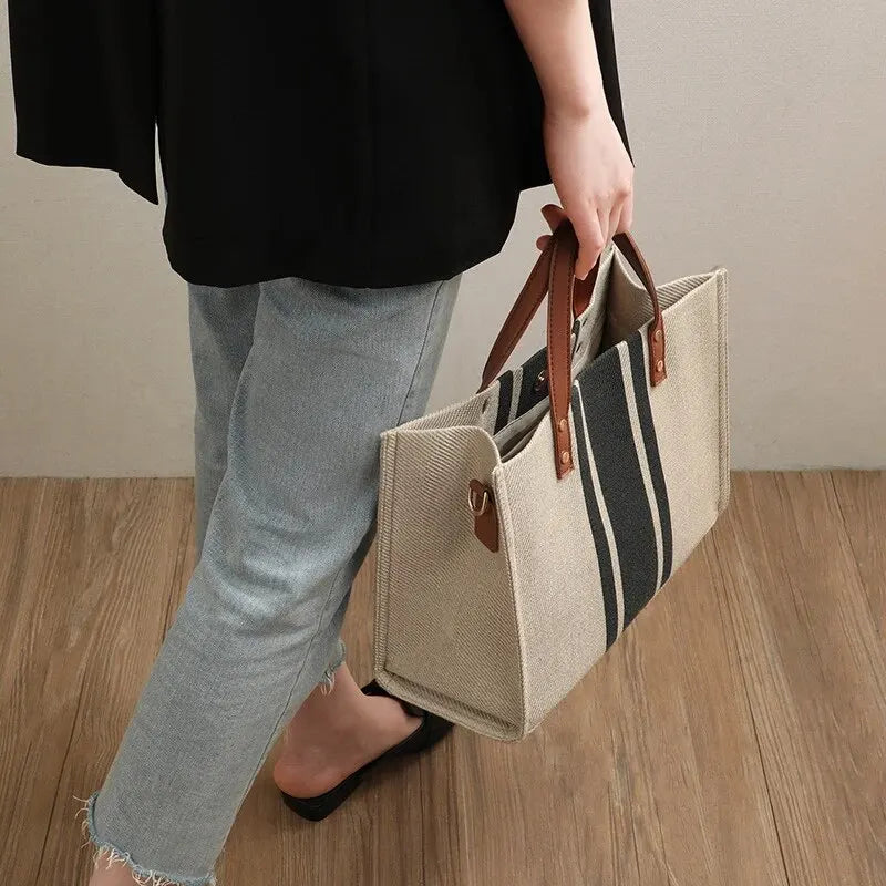 Sac cabas en toile texturée à anse en simili cuir
