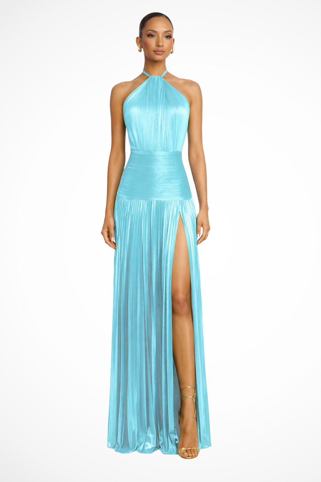 Élégante Robe Longue Satinée Plissée à Col Halter pour Femme