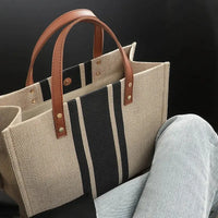 Sac cabas en toile texturée à anse en simili cuir