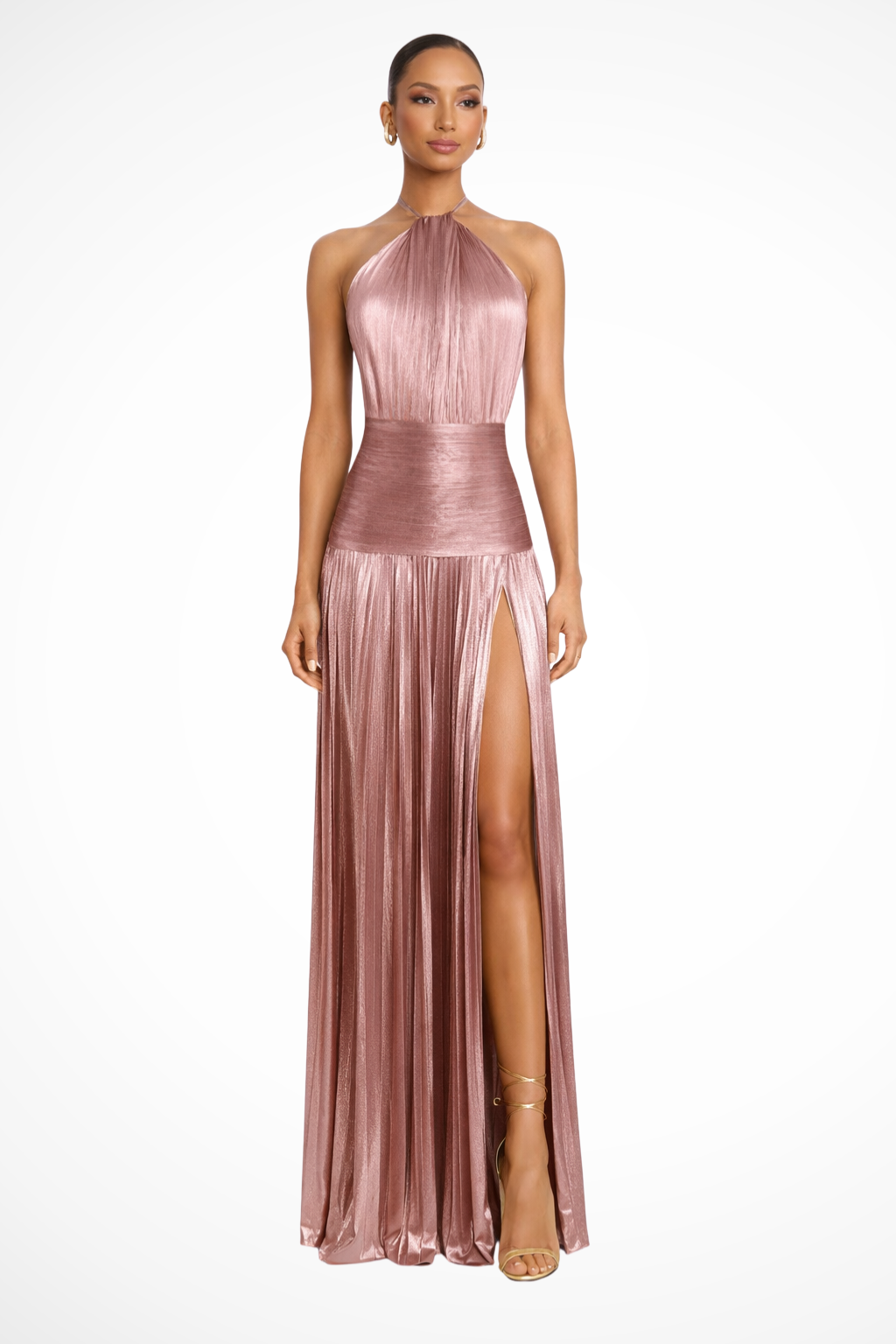 Élégante Robe Longue Satinée Plissée à Col Halter pour Femme