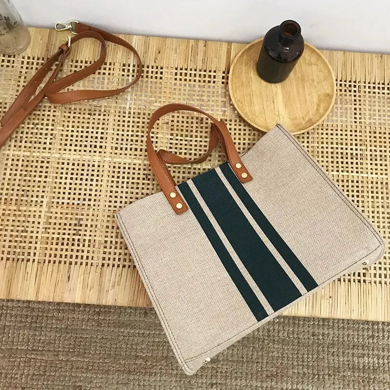 Sac cabas en toile texturée à anse en simili cuir