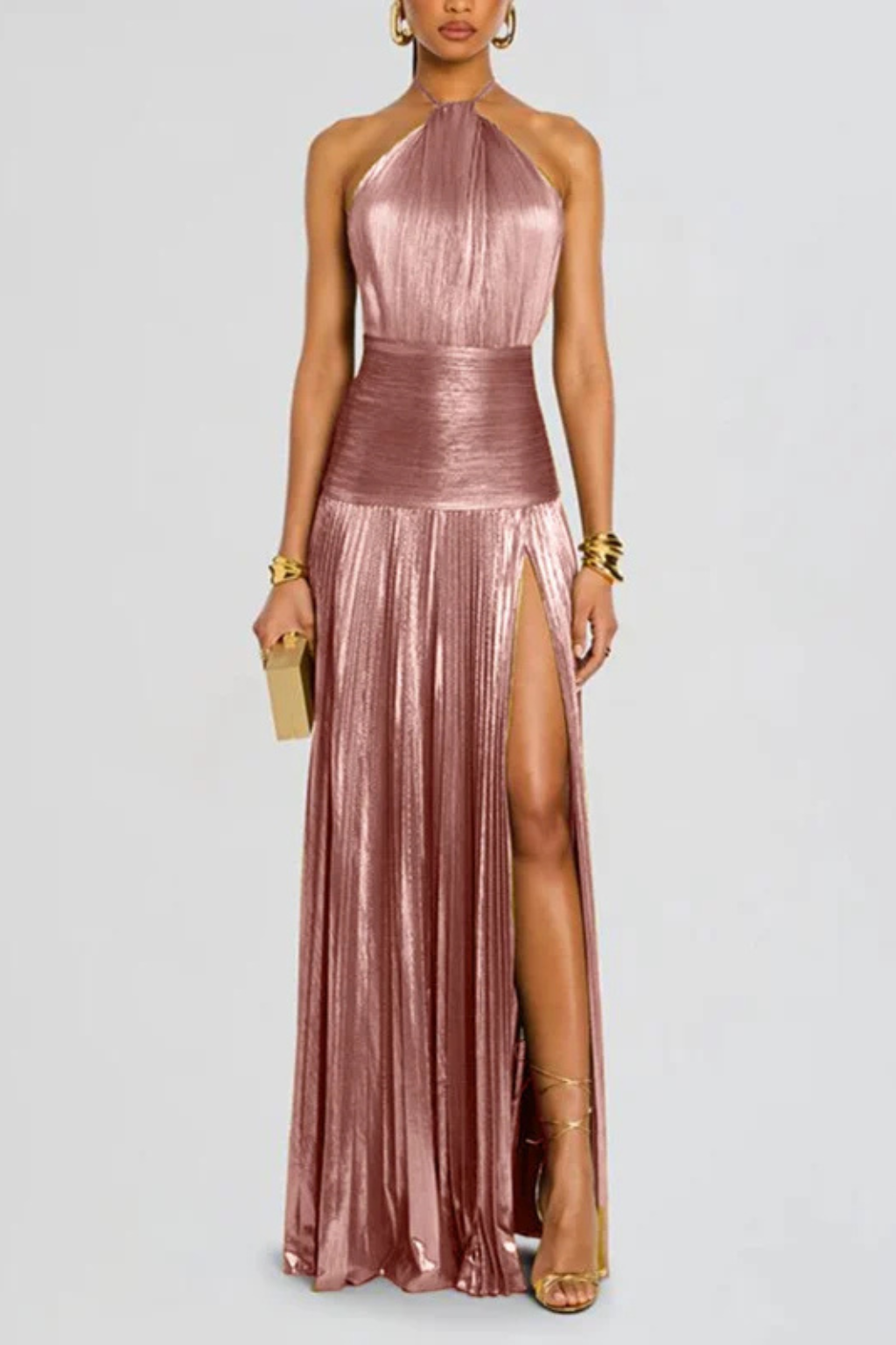 Élégante Robe Longue Satinée Plissée à Col Halter pour Femme