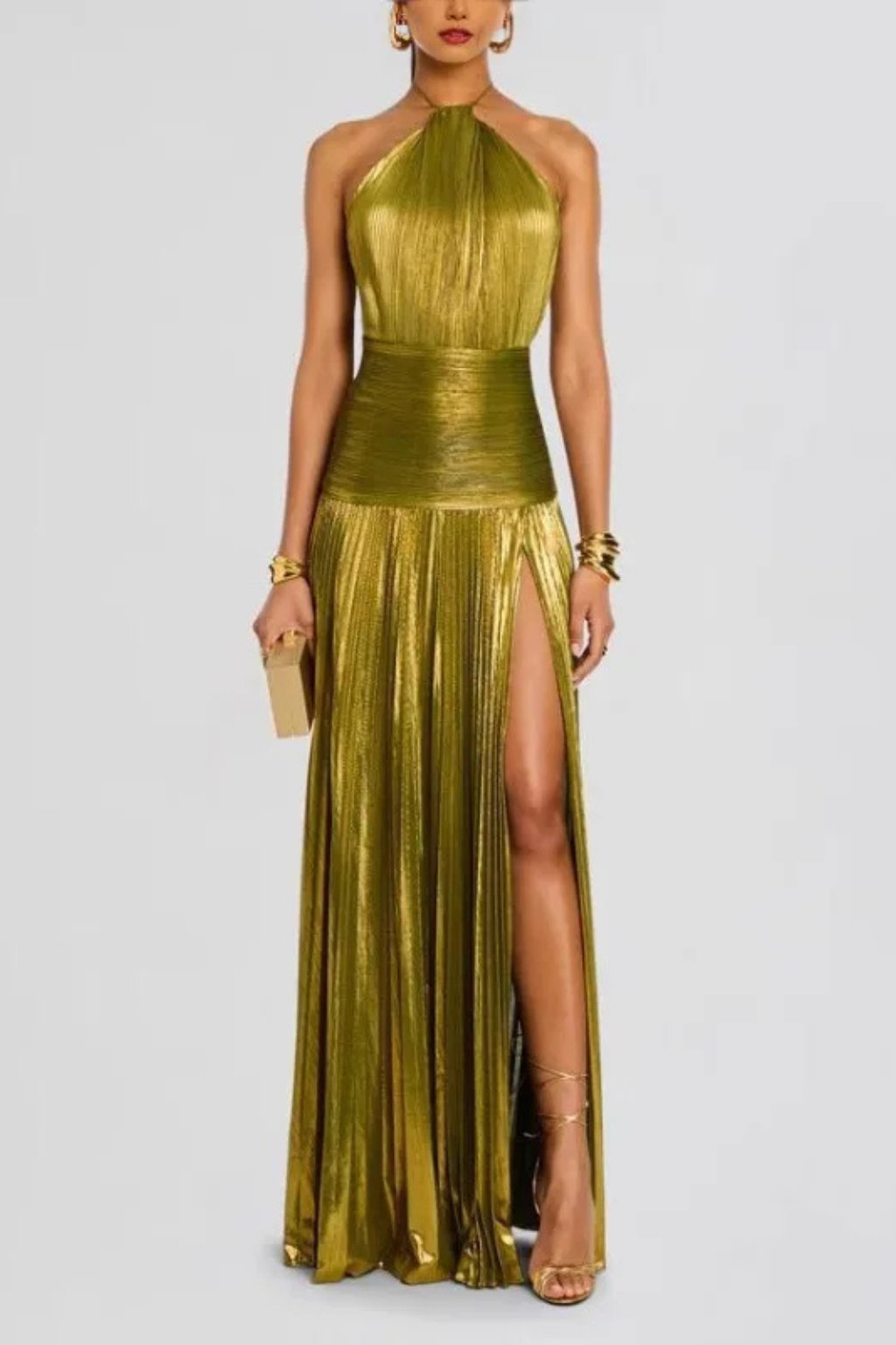 Élégante Robe Longue Satinée Plissée à Col Halter pour Femme