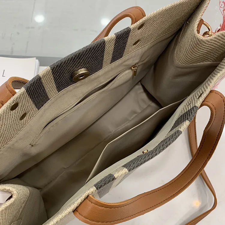 Sac cabas en toile texturée à anse en simili cuir
