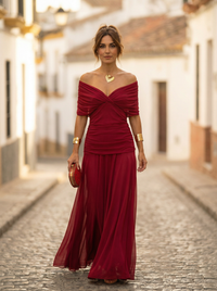 Arkemio robe-longue-femme-col-bardot-de-soiree Rouge S
