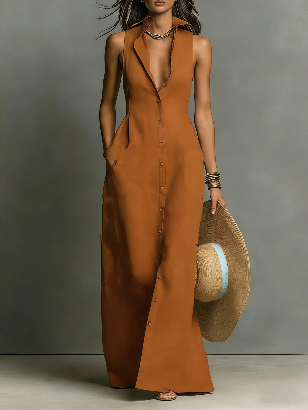 Arkemio robe-chemise-sans-manches-a-boutonnage-elegant Marron XS