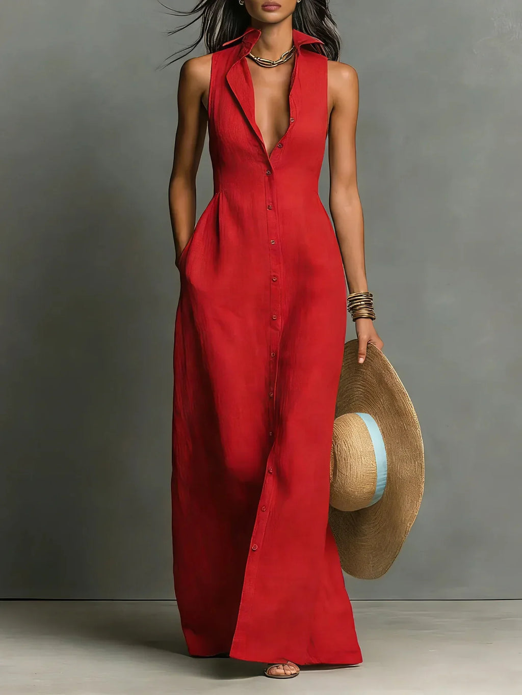 Arkemio robe-chemise-sans-manches-a-boutonnage-elegant Rouge XS
