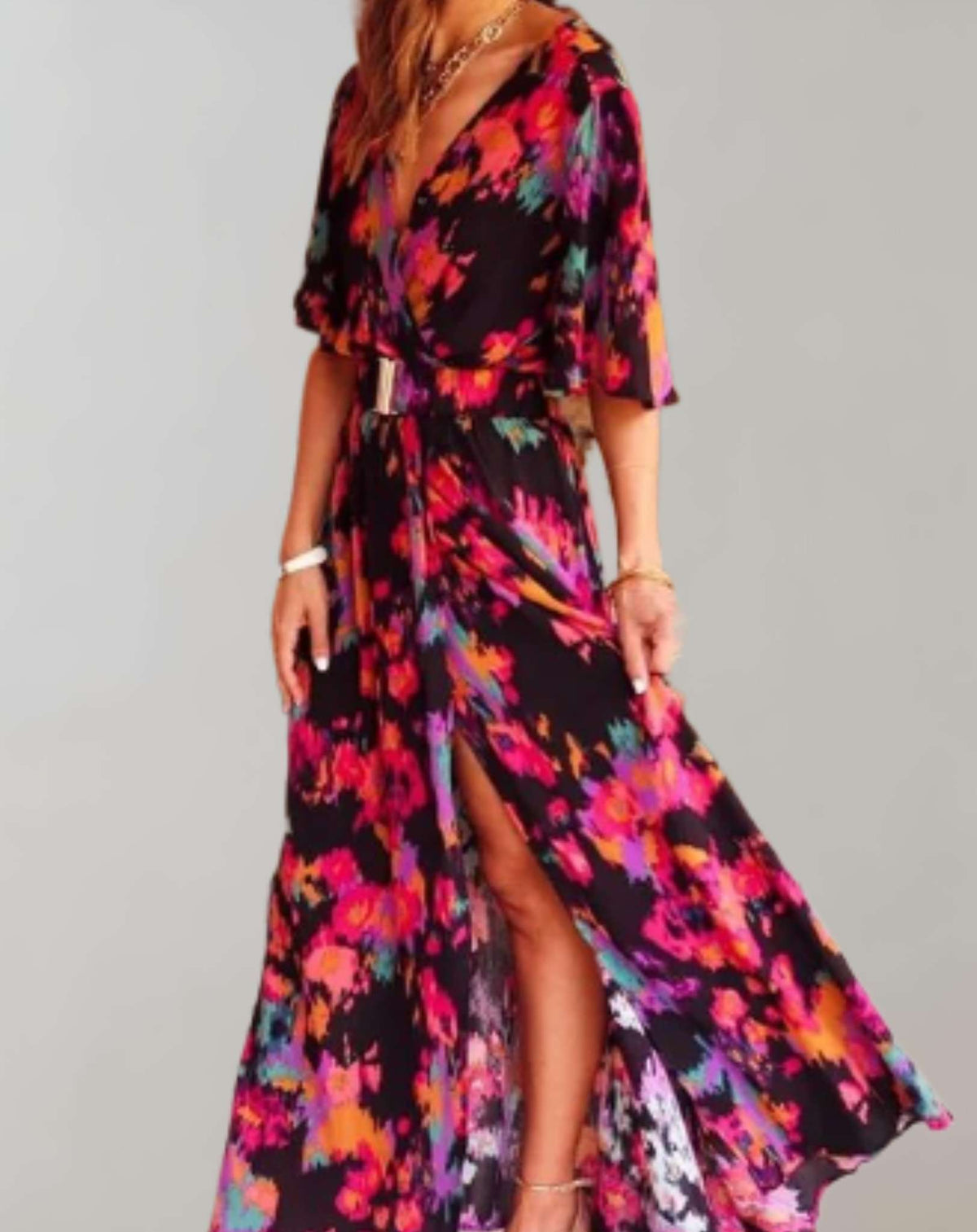 Arkemio robe-maxi-imprimee-cache-coeur-manches-courtes-fendue-elegante-pour-femme Noir S