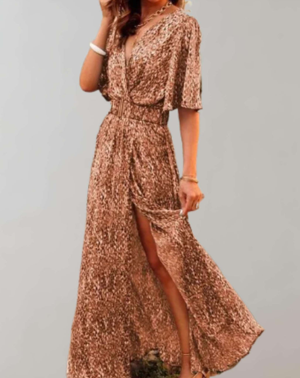 Arkemio robe-maxi-imprimee-cache-coeur-manches-courtes-fendue-elegante-pour-femme Brun S