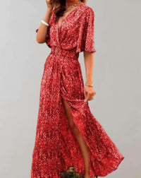 Arkemio robe-maxi-imprimee-cache-coeur-manches-courtes-fendue-elegante-pour-femme Rouge S