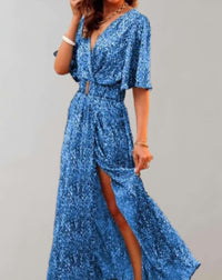 Arkemio robe-maxi-imprimee-cache-coeur-manches-courtes-fendue-elegante-pour-femme Bleu S