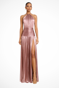 Arkemio elegante-robe-longue-satinee-plissee-a-col-halter-pour-femme Rose XS