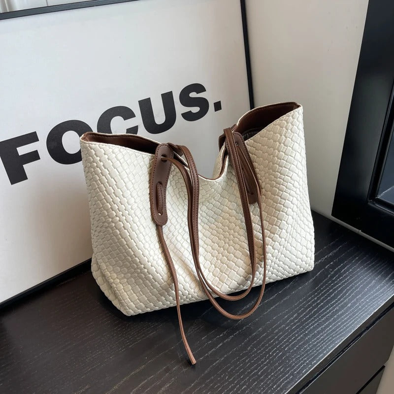 Sac cabas tressé en simili cuir à anses larges