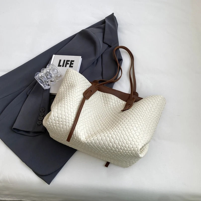 Sac cabas tressé en simili cuir à anses larges