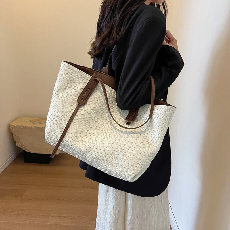 Sac cabas tressé en simili cuir à anses larges