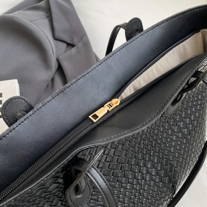 Sac cabas tressé en simili cuir à anses larges