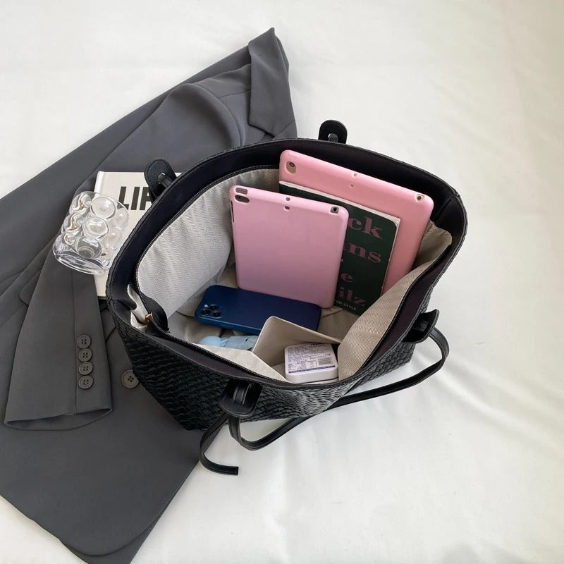 Sac cabas tressé en simili cuir à anses larges