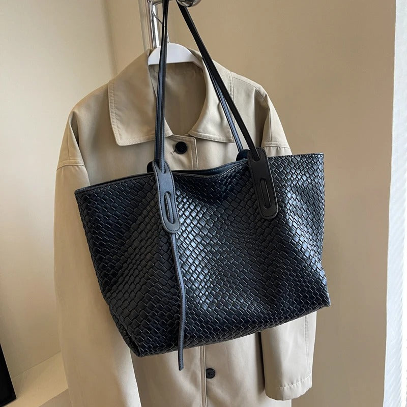 Sac cabas tressé en simili cuir à anses larges