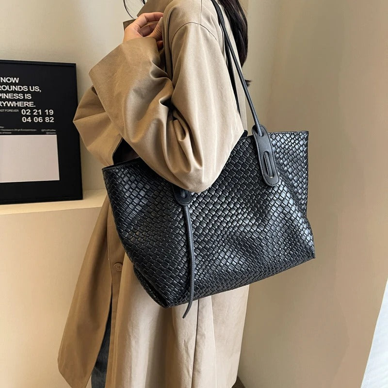Sac cabas tressé en simili cuir à anses larges