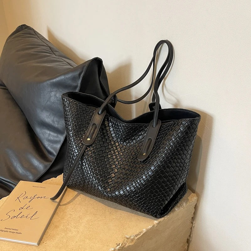 Sac cabas tressé en simili cuir à anses larges