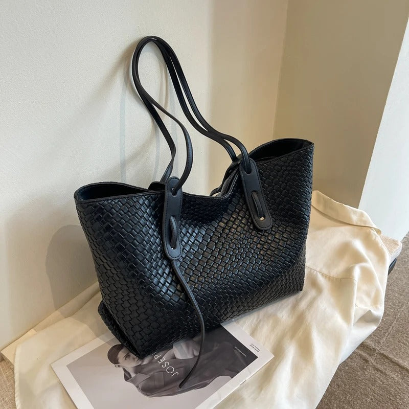 Sac cabas tressé en simili cuir à anses larges
