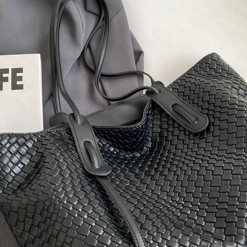 Sac cabas tressé en simili cuir à anses larges