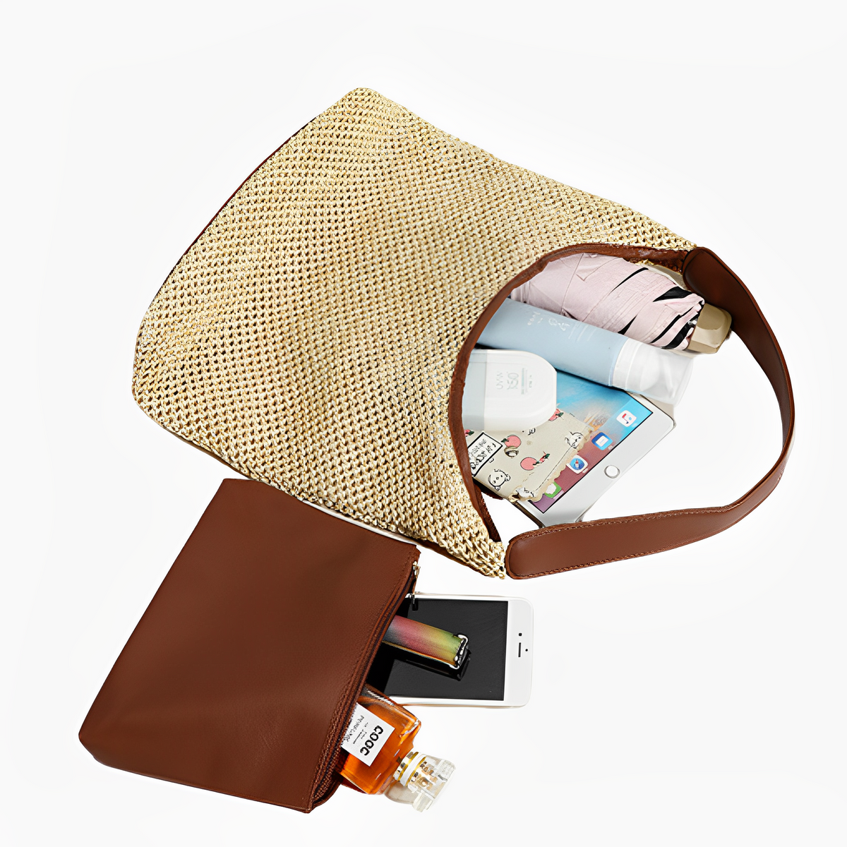 Sac hobo en paille tressée avec pochette amovible