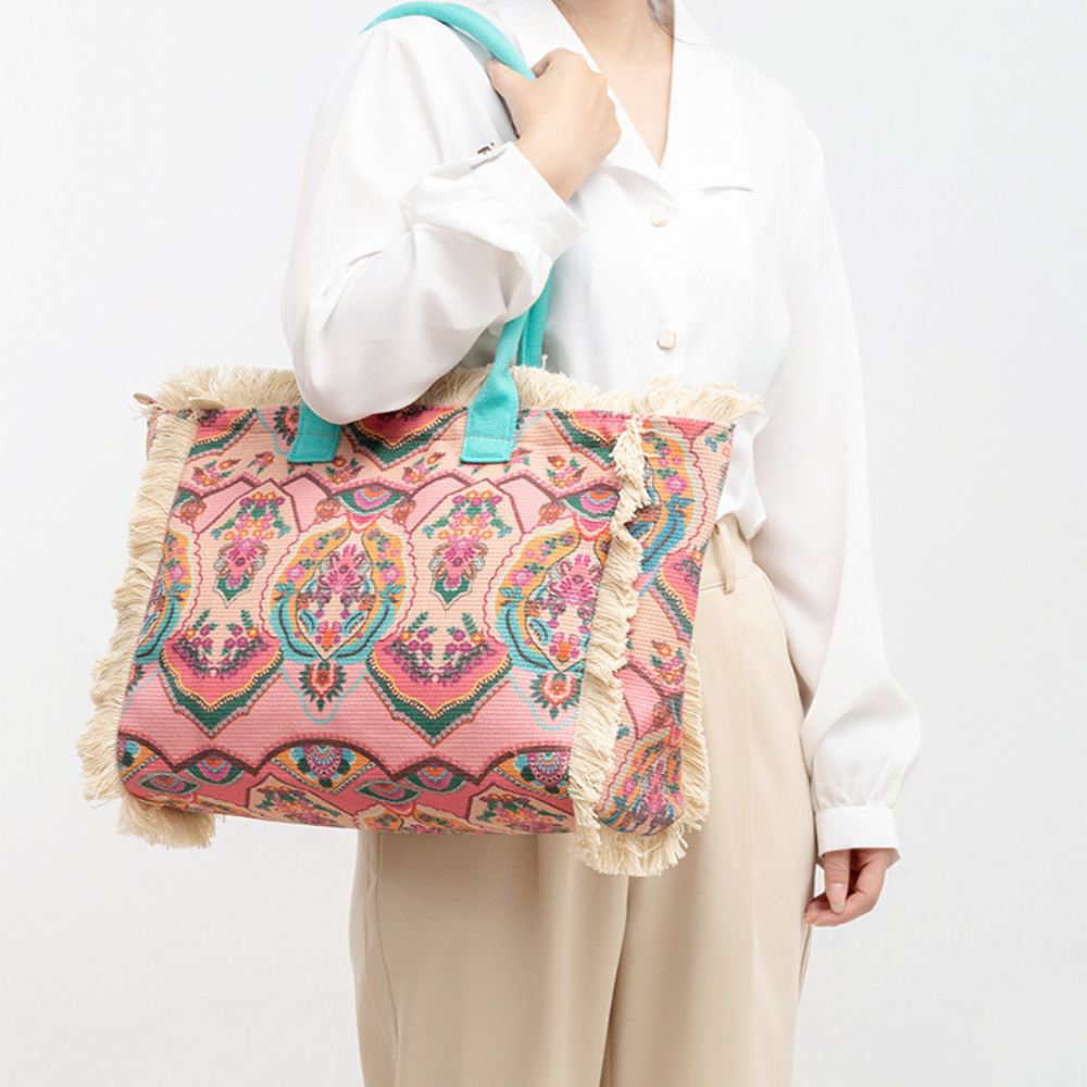 Sac cabas en toile texturée à motifs colorés