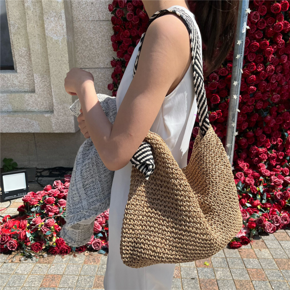 Sac en paille à anse en corde tressée bicolore