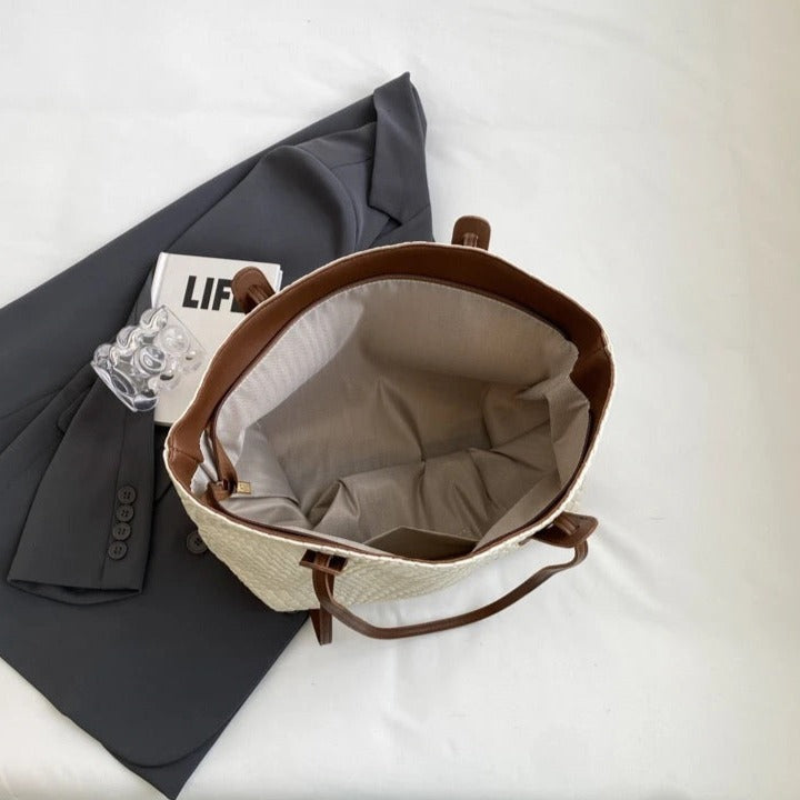 Sac cabas tressé en simili cuir à anses larges
