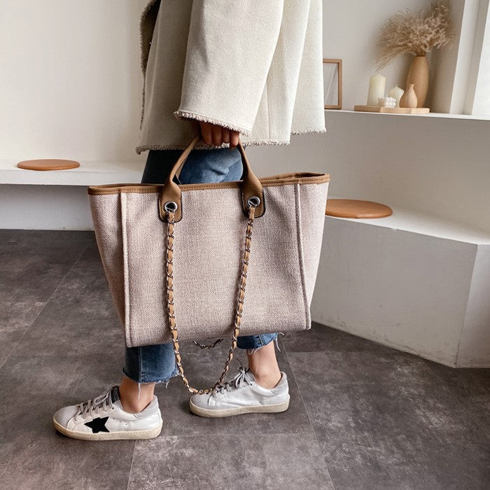 Sac cabas vintage en toile à bandoulière chaîne