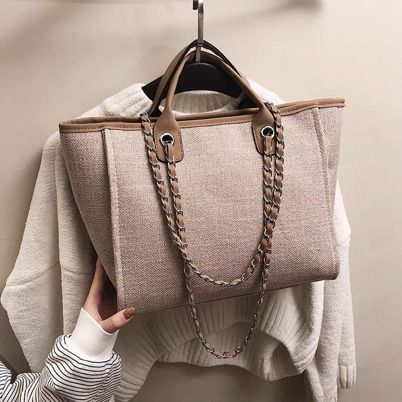 Sac cabas vintage en toile à bandoulière chaîne
