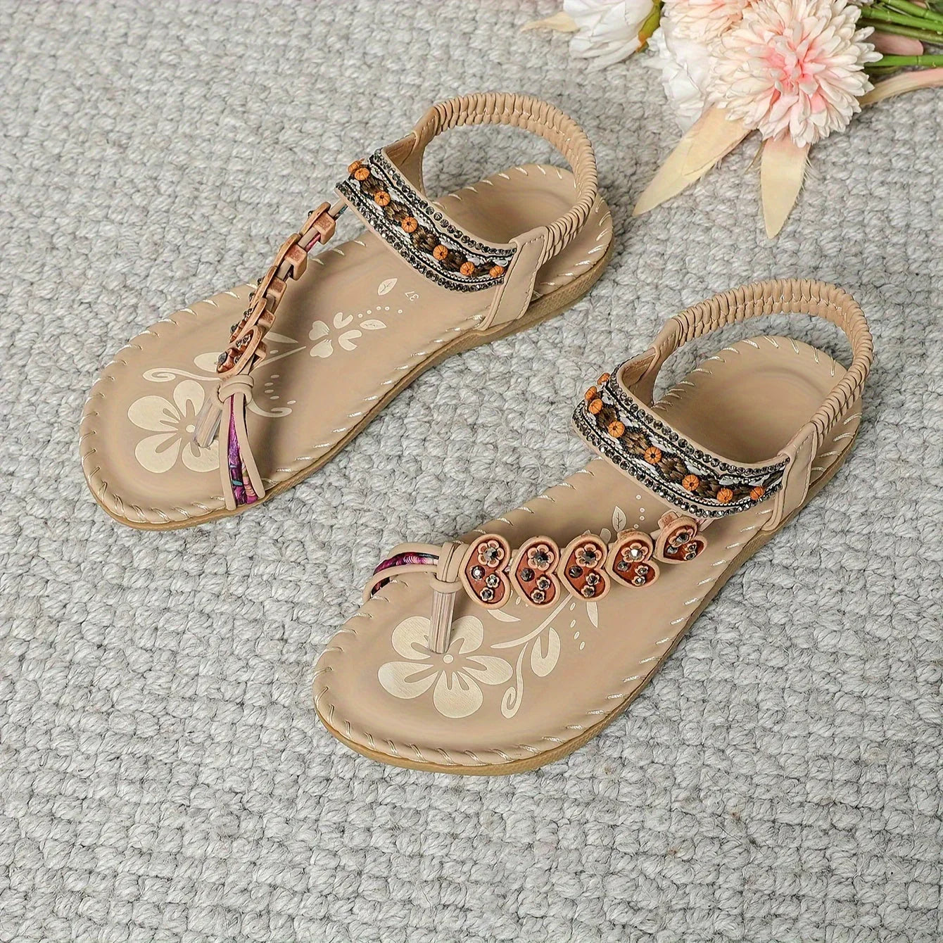 Sandales Bohèmes Perlées Confortables pour Femme