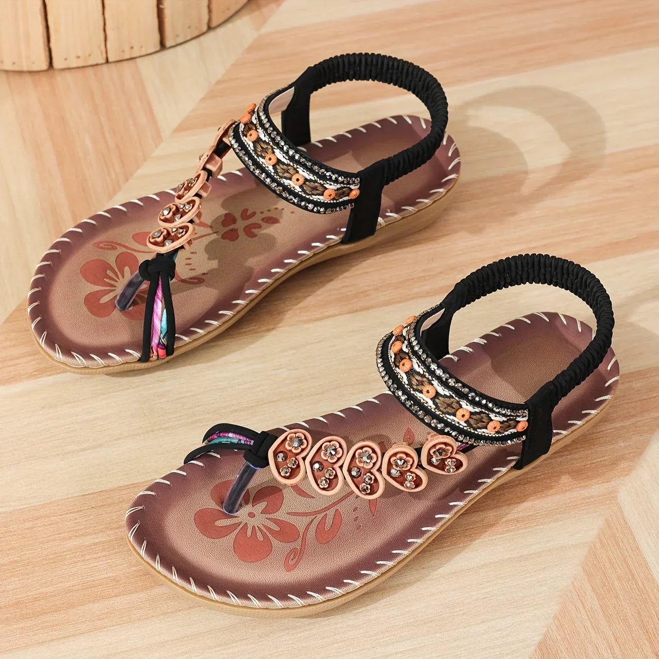 Sandales Bohèmes Perlées Confortables pour Femme