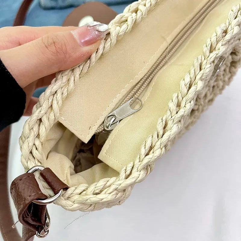 Sac bandoulière en paille et simili cuir