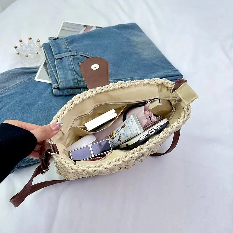 Sac bandoulière en paille et simili cuir