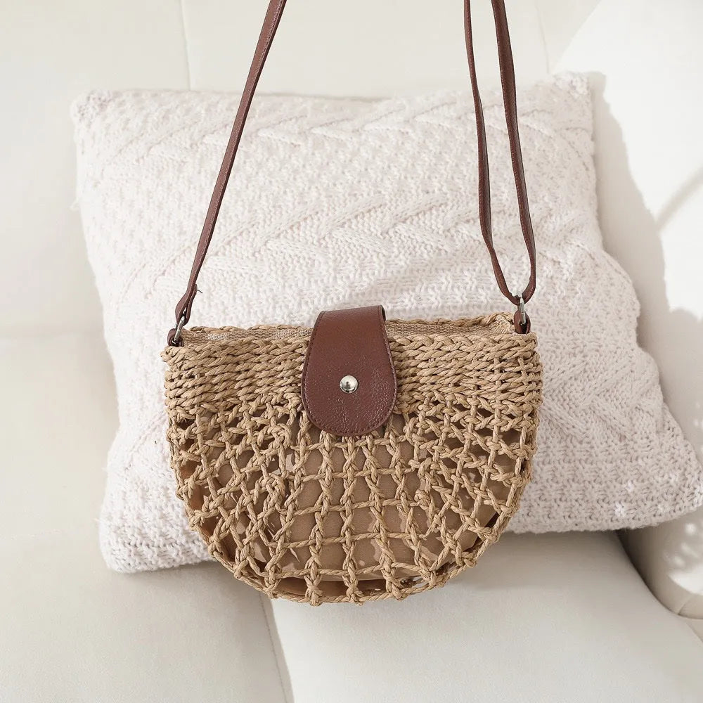 Sac bandoulière en paille et simili cuir