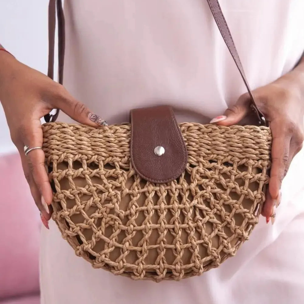 Sac bandoulière en paille et simili cuir