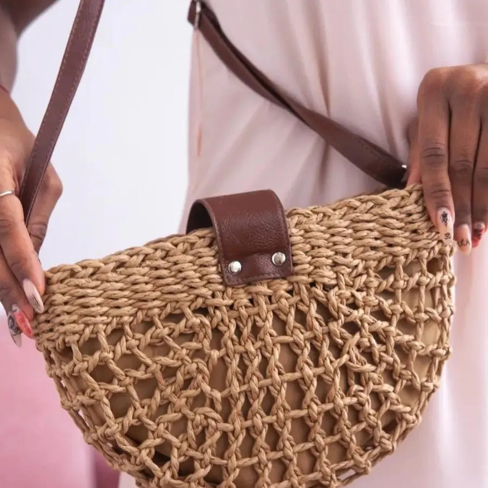 Sac bandoulière en paille et simili cuir