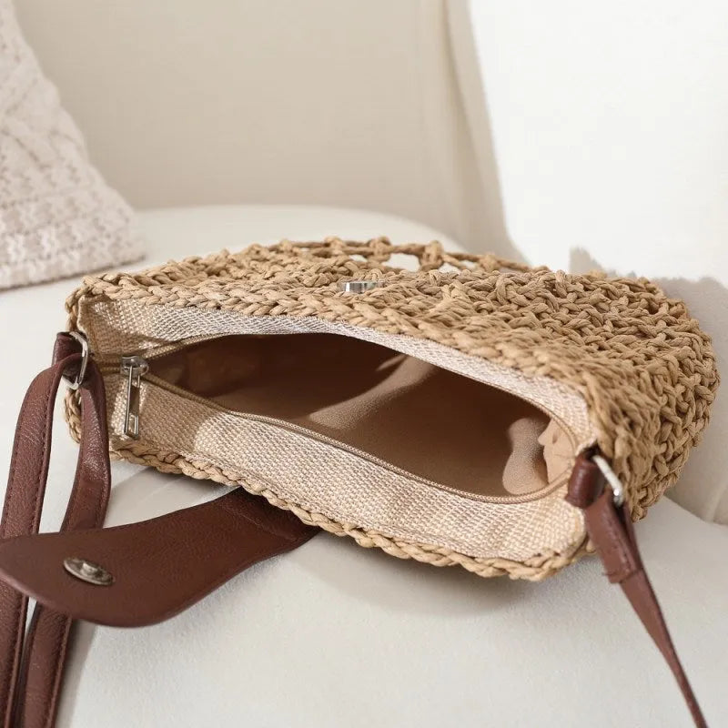 Sac bandoulière en paille et simili cuir
