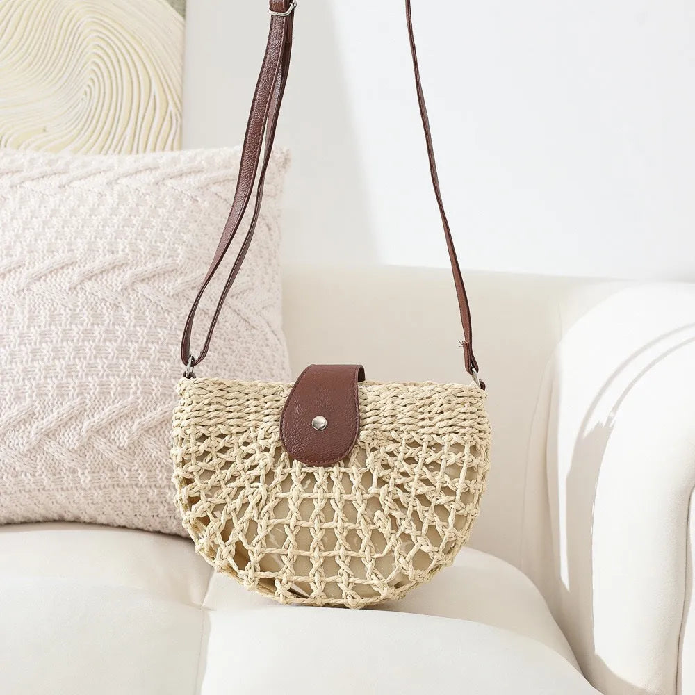 Sac bandoulière en paille et simili cuir