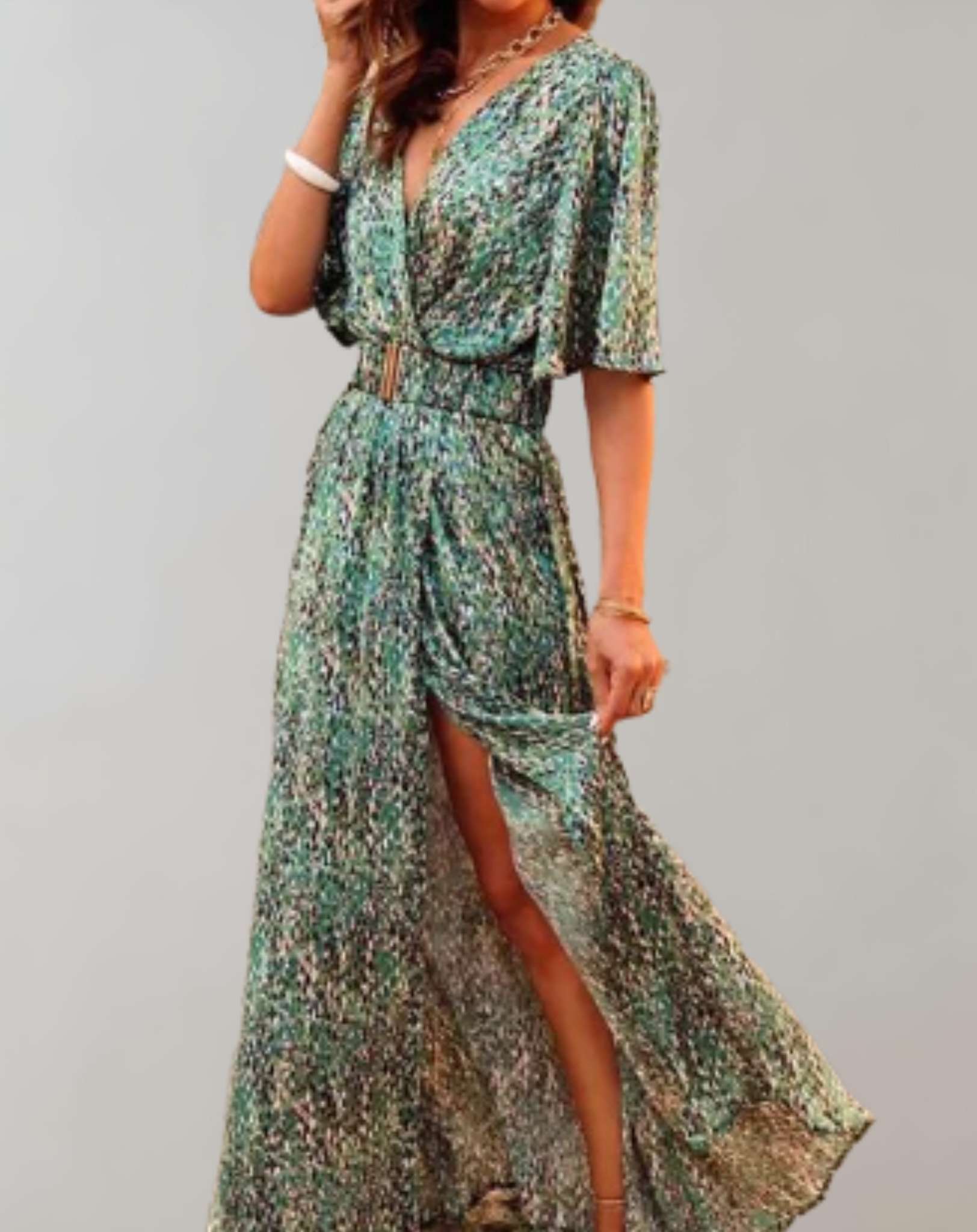 Robe Maxi Imprimée Cache-Cœur Manches Courtes Fendue Élégante pour Femme