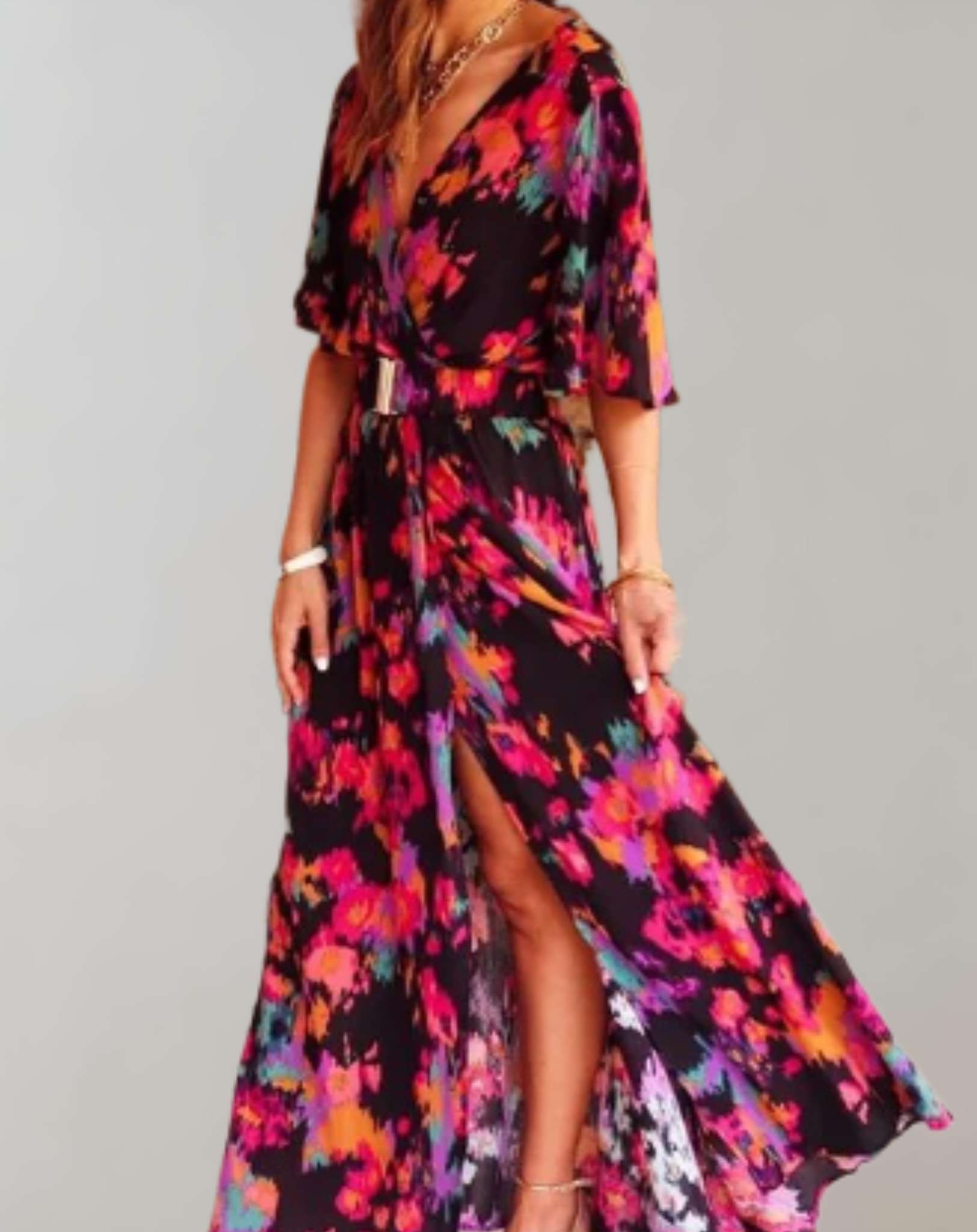 Robe Maxi Imprimée Cache-Cœur Manches Courtes Fendue Élégante pour Femme