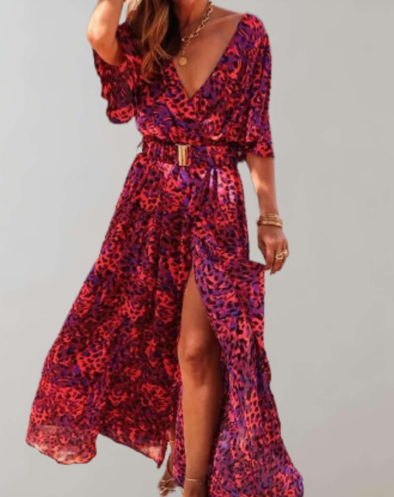 Robe Maxi Imprimée Cache-Cœur Manches Courtes Fendue Élégante pour Femme